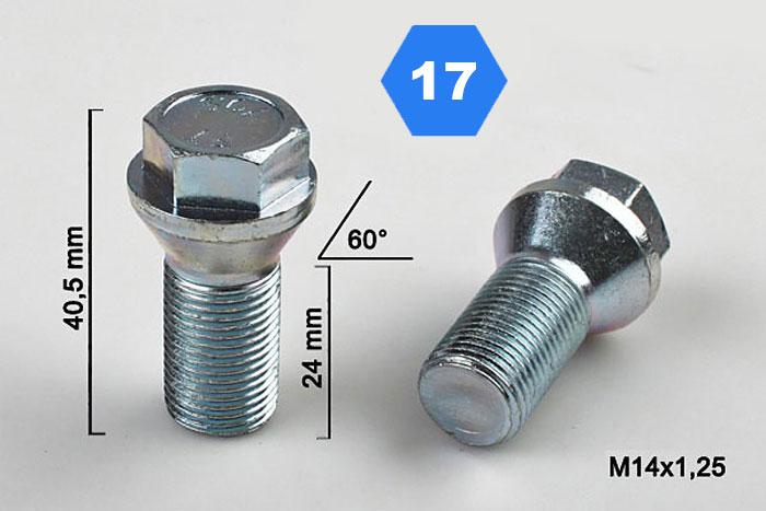 M14x1,25 Wielbout conisch lage kop, Draadlengte 24mm, SW 17